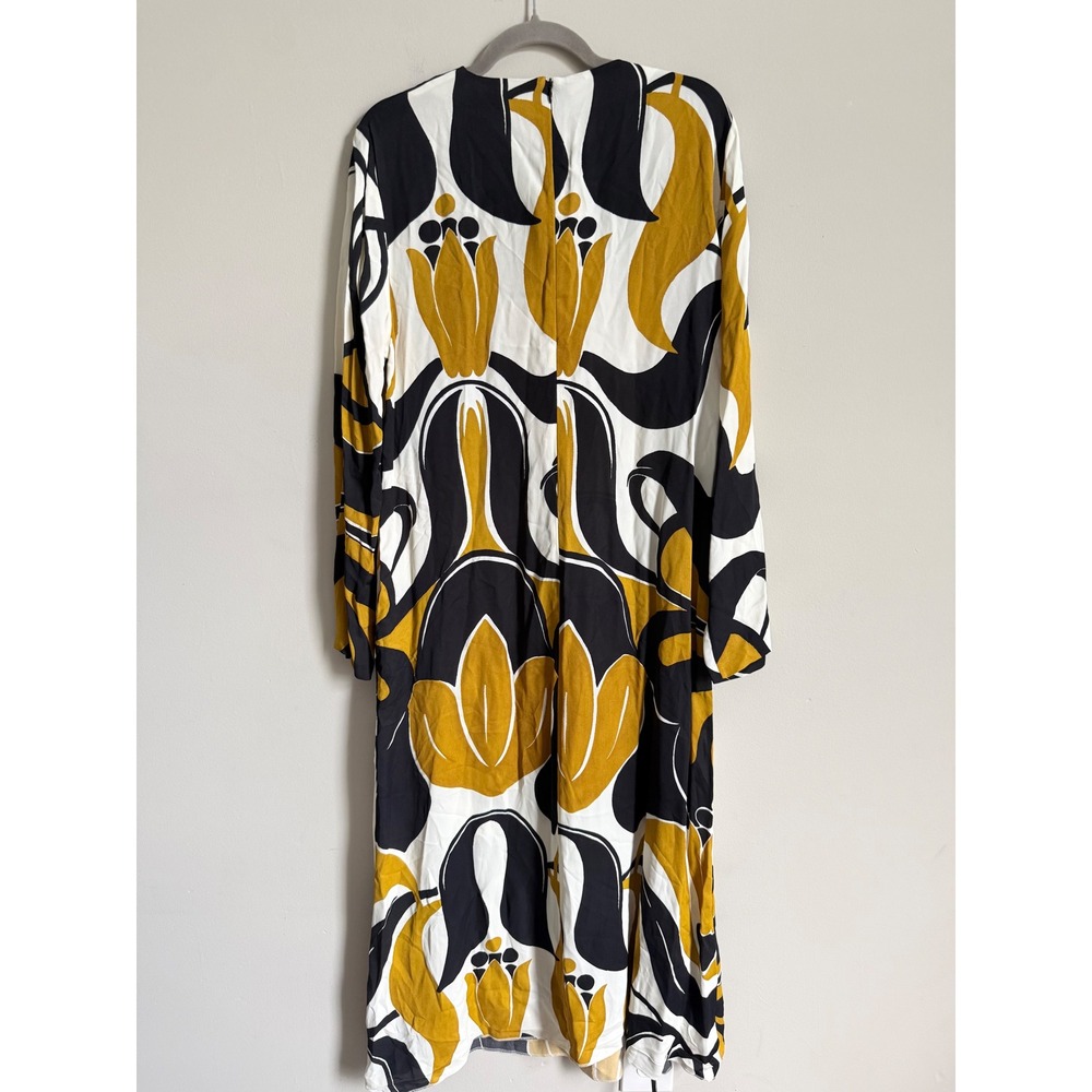 Zara Womens XL Retro Floral Print Long Sleeve Midi Dress Mustard Black White NWT